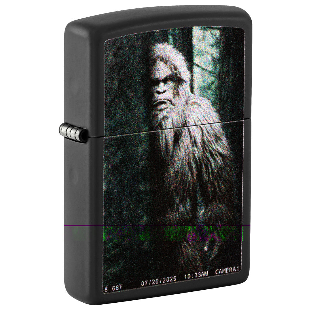 Front shot of Zippo Squatch Cam Design Black Matte Windproof Lighter standing at a 3/4 angle.