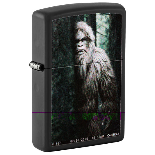Front shot of Zippo Squatch Cam Design Black Matte Windproof Lighter standing at a 3/4 angle.