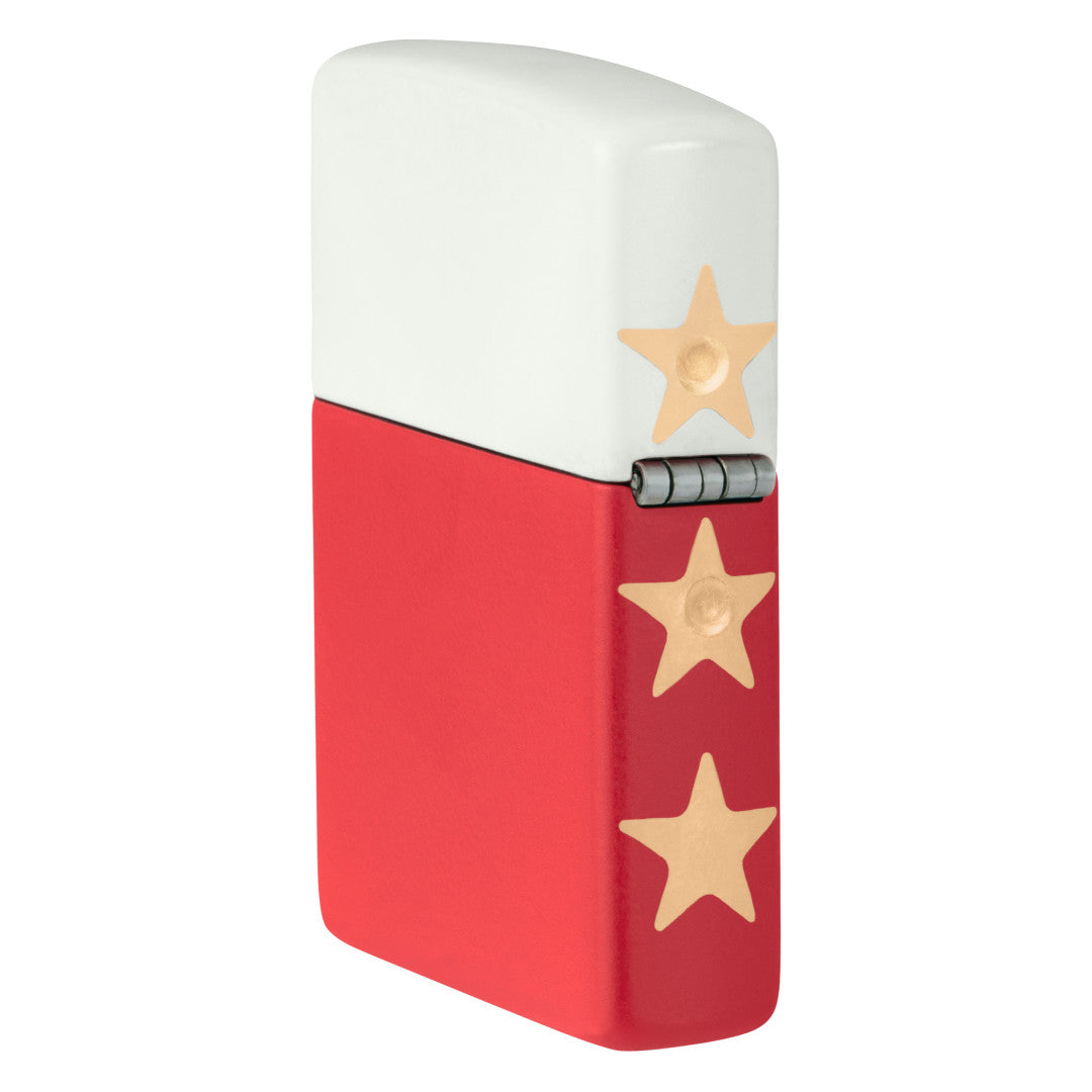 Angled shot of  Zippo 250th Anniversary Special Edition White and Red Matte Windproof Lighter showing the back and hinge side of the lighter.