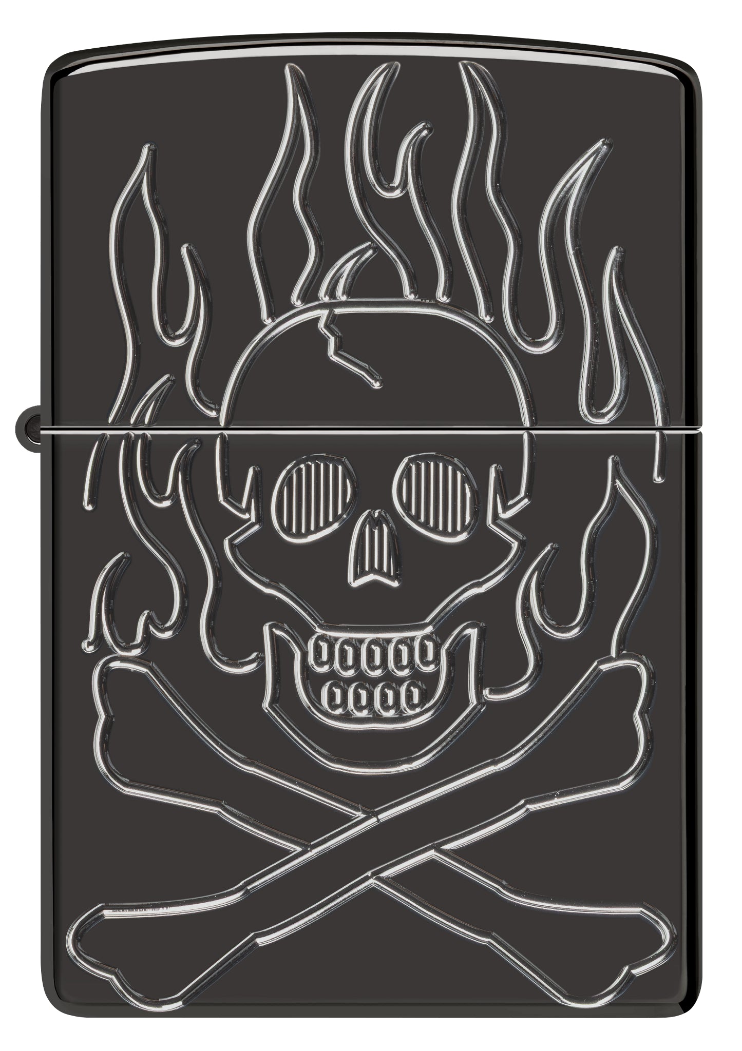 Front view of Zippo Flaming Skull Design Armor® High Polish Black Windproof Lighter.