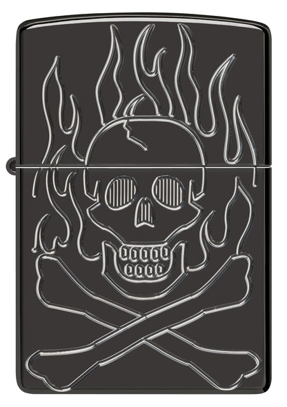 Front view of Zippo Flaming Skull Design Armor® High Polish Black Windproof Lighter.