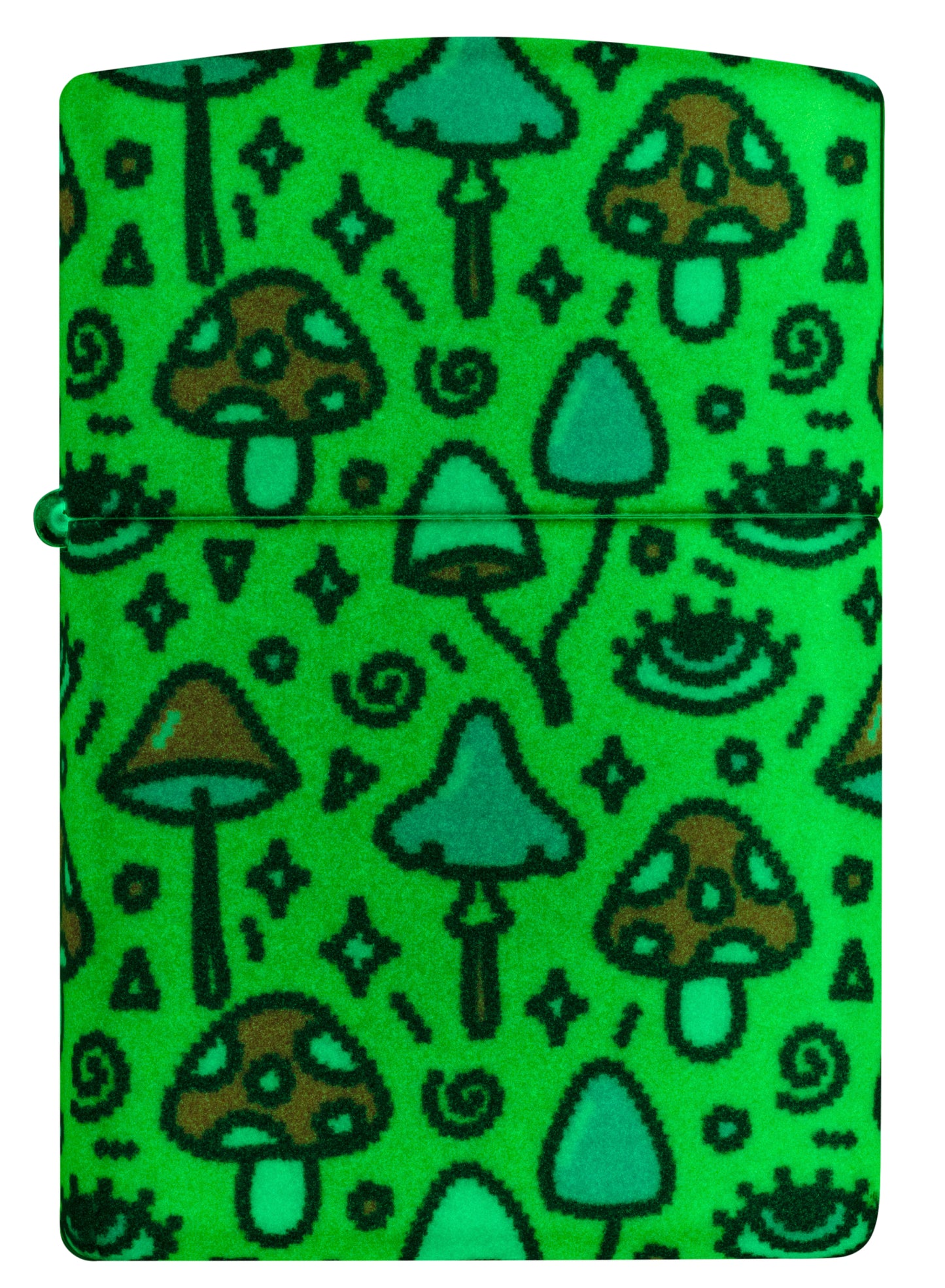 Front view of Zippo Eye Spy Design Glow-in-the-Dark Green Windproof Lighter glowing in the dark.