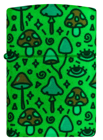 Front view of Zippo Eye Spy Design Glow-in-the-Dark Green Windproof Lighter glowing in the dark.