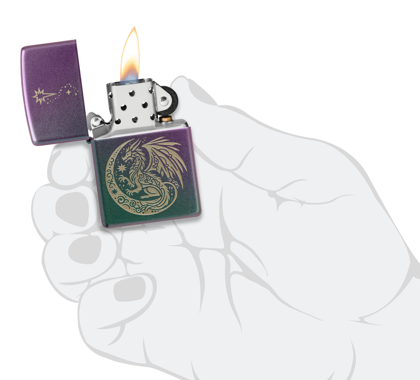 Zippo Dragon Fantasy Design Iridescent Windproof Lighter lit in hand.