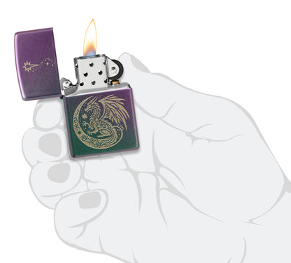 Zippo Dragon Fantasy Design Iridescent Windproof Lighter lit in hand.