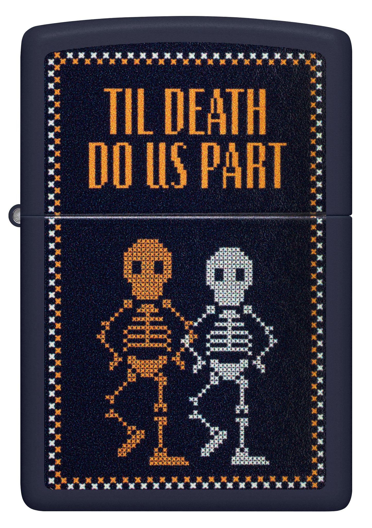 Front view of Zippo Til Death Do Us Part Design Navy Matte Windproof Lighter.