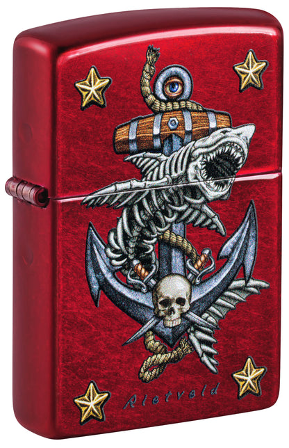 Front shot of Zippo Rietveld Anchor Design Candy Apple Red Windproof Lighter standing at a 3/4 angle.