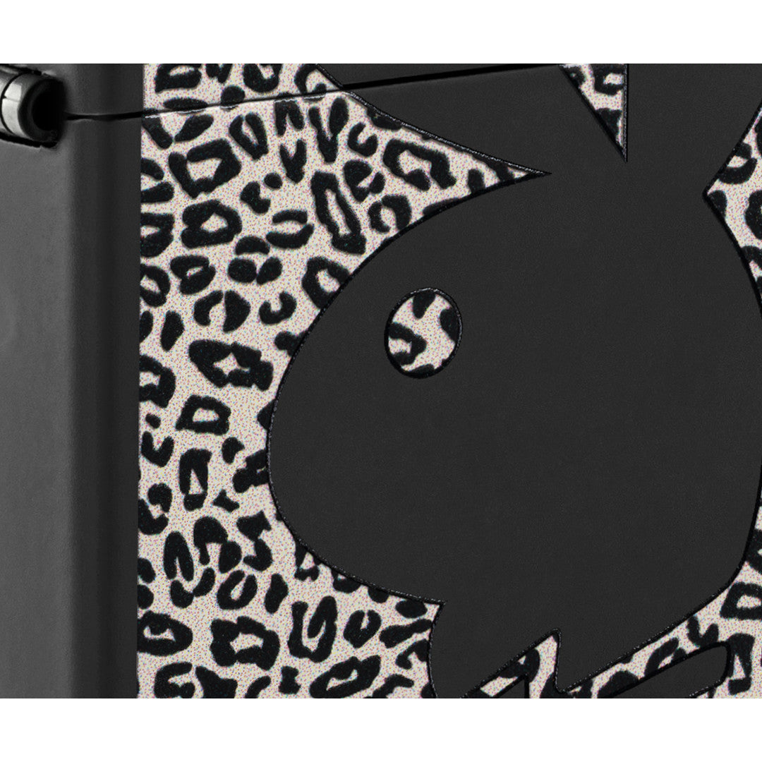 Front view of Zippo Playboy Cheetah Print Design Black Matte Windproof Lighter close up to show the detail of the lighter.
