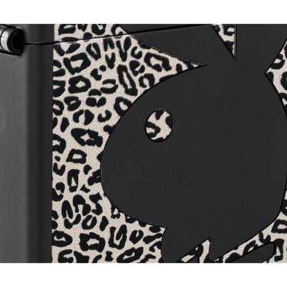 Front view of Zippo Playboy Cheetah Print Design Black Matte Windproof Lighter close up to show the detail of the lighter.