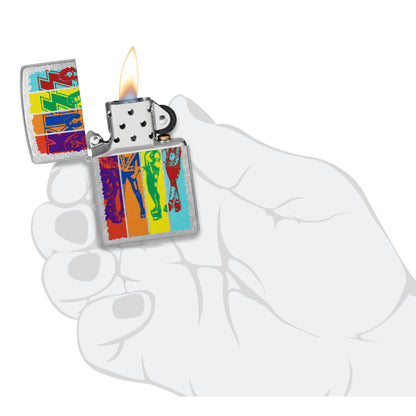 Zippo KISS® Fly Flag Design Street Chrome Windproof Lighter lit in hand.