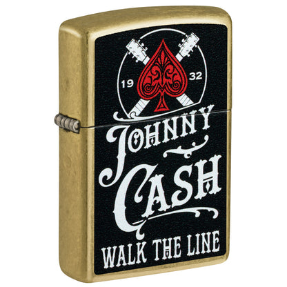 Front shot of Zippo Johnny Cash 1932 Design Street Brass Windproof Lighter standing at a 3/4 angle.
