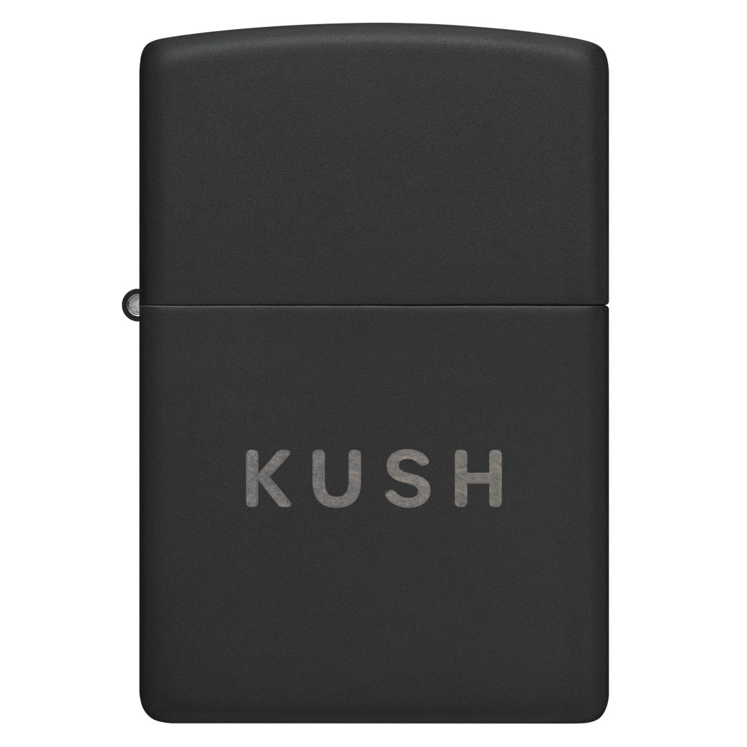 Front view of Zippo Kush Design Black Matte with Chrome Windproof Lighter.