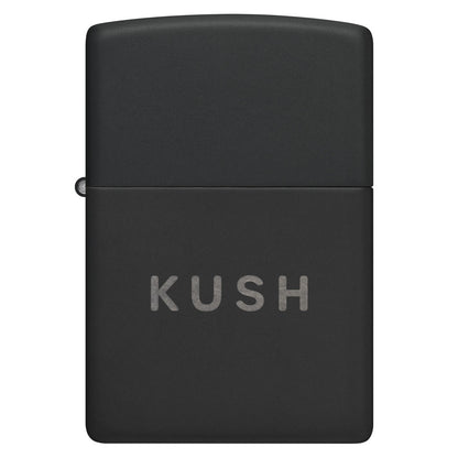 Front view of Zippo Kush Design Black Matte with Chrome Windproof Lighter.