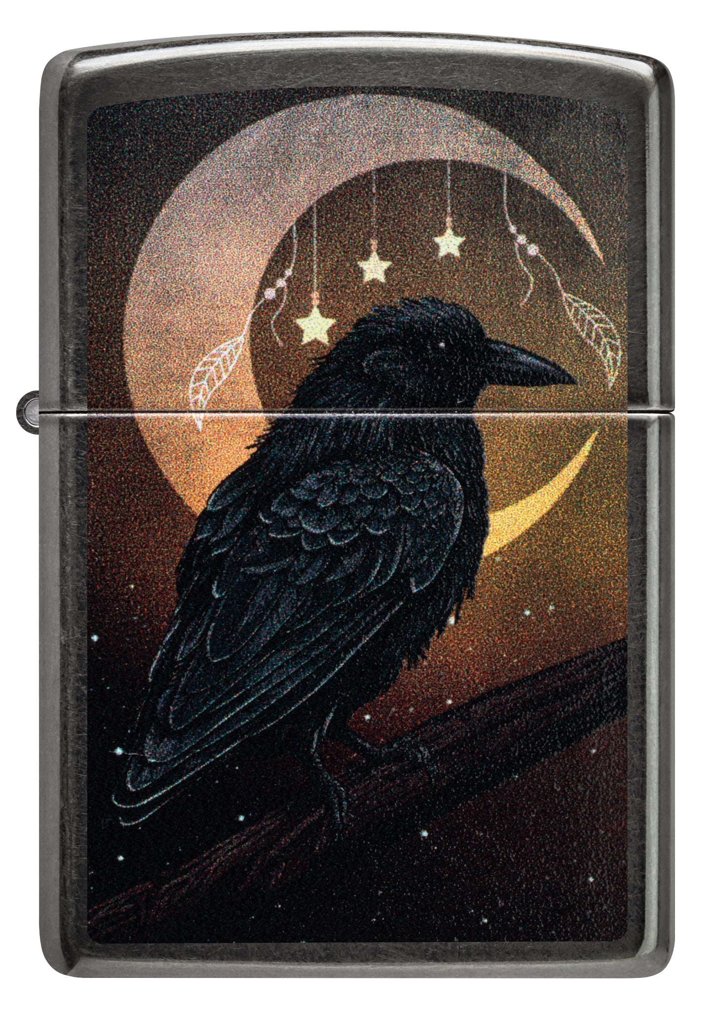 Front view of Zippo Raven Moon Design Grey Windproof Lighter.