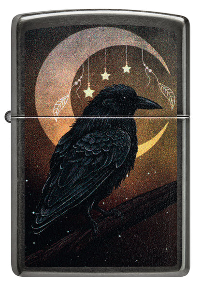 Front view of Zippo Raven Moon Design Grey Windproof Lighter.