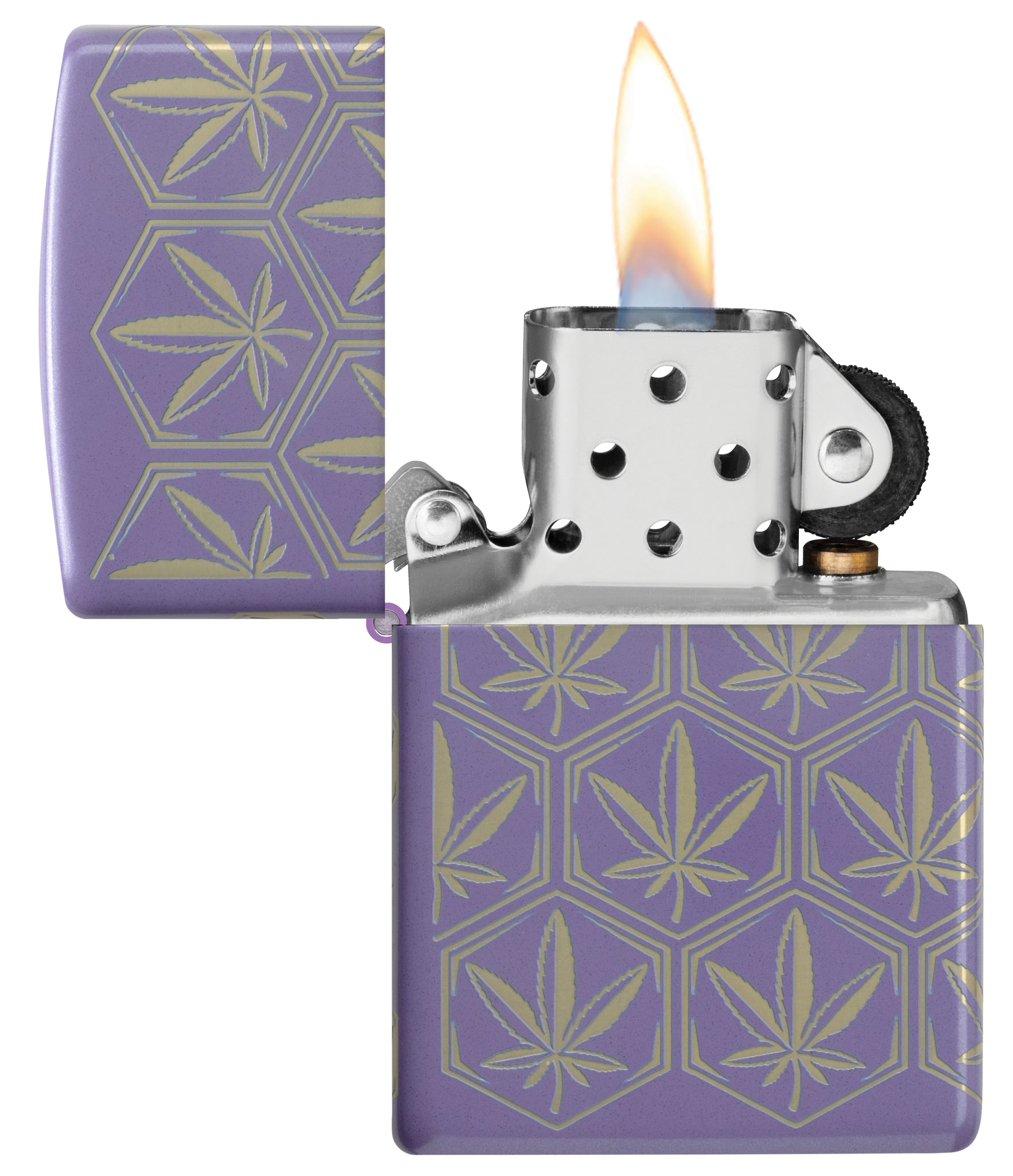 Zippo Honeycomb Cannabis Design Smoky Lavender Windproof Lighter with its lid open and lit.