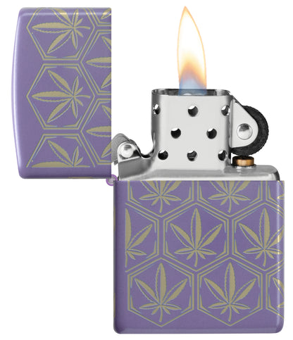 Zippo Honeycomb Cannabis Design Smoky Lavender Windproof Lighter with its lid open and lit.