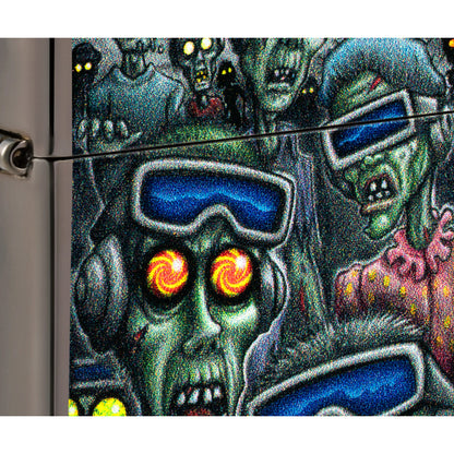 Front view of Zippo Zombie Escape Design Black Ice® Windproof Lighter close up to show the detail of the lighter.
