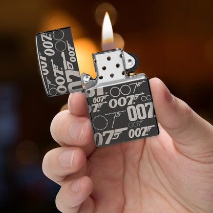 Zippo James Bond 007™ Logo Design High Polish Black Windproof Lighter lit in hand.
