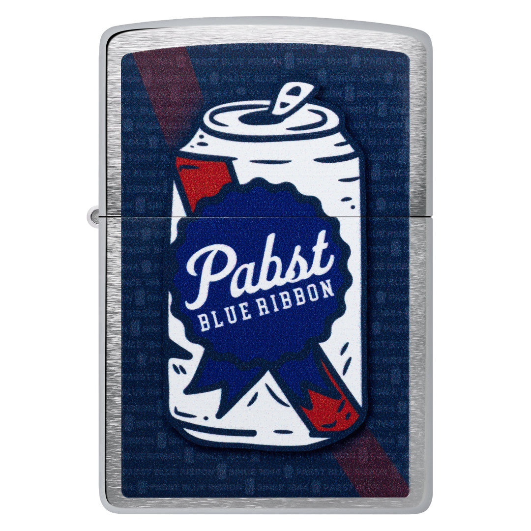 Front view of Zippo Pabst Blue Ribbon® Can Art Design Brushed Chrome Windproof Lighter.
