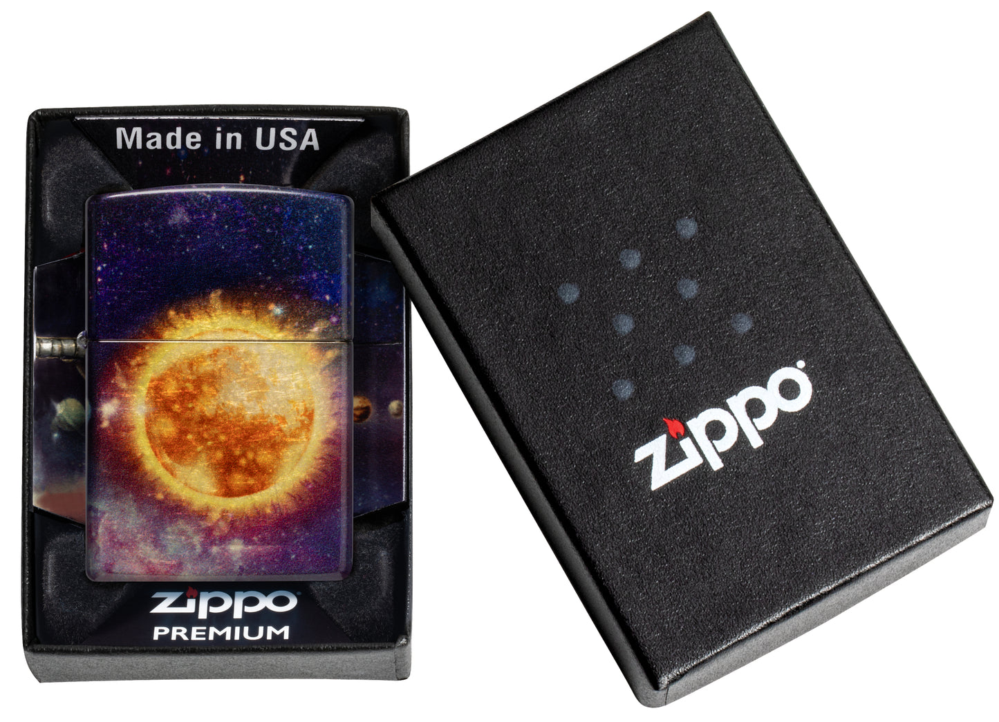 Zippo Solar Flare Design 540 Tumbled Brass Windproof lighter in its packaging.