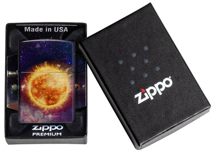Zippo Solar Flare Design 540 Tumbled Brass Windproof lighter in its packaging.
