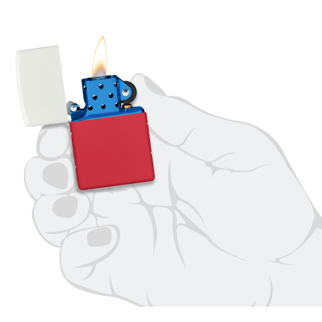 Zippo 250th Anniversary Special Edition White and Red Matte Windproof Lighter lit in hand.