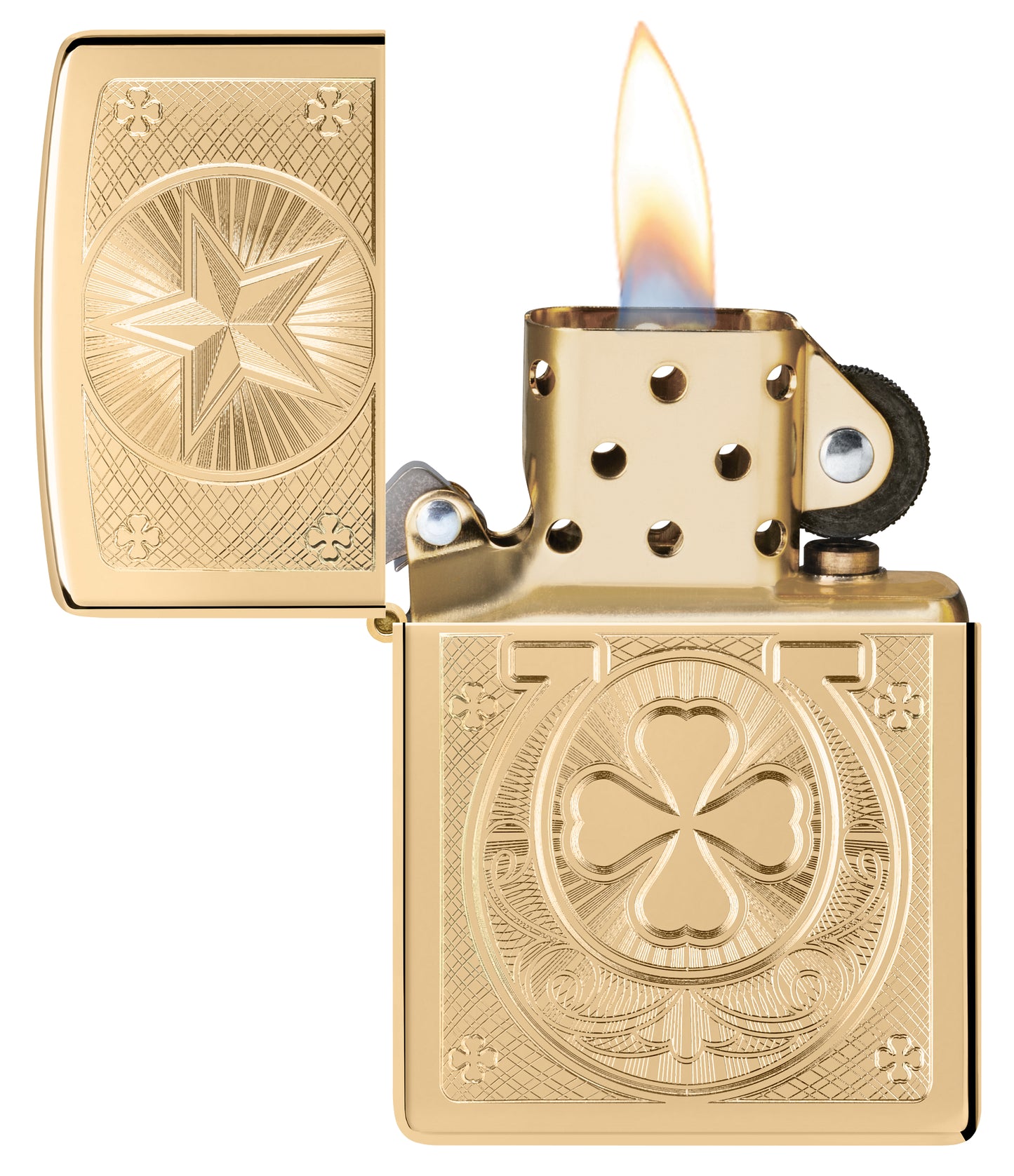 Zippo Lucky Horseshoe Design High Polish Brass Windproof Lighter with its lid open and lit.