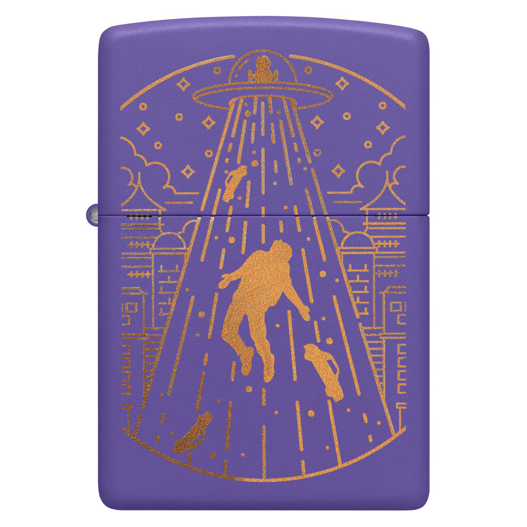 Front view of Zippo Beam Me Up Design Purple Matte Windproof Lighter.