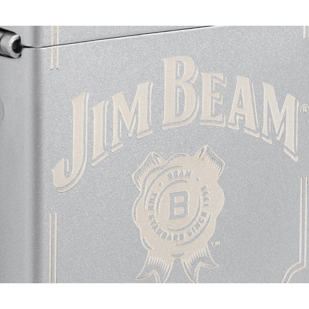 Front view of Zippo Jim Beam® Border Design Satin Chrome Windproof Lighter close up to show the detail of the lighter.