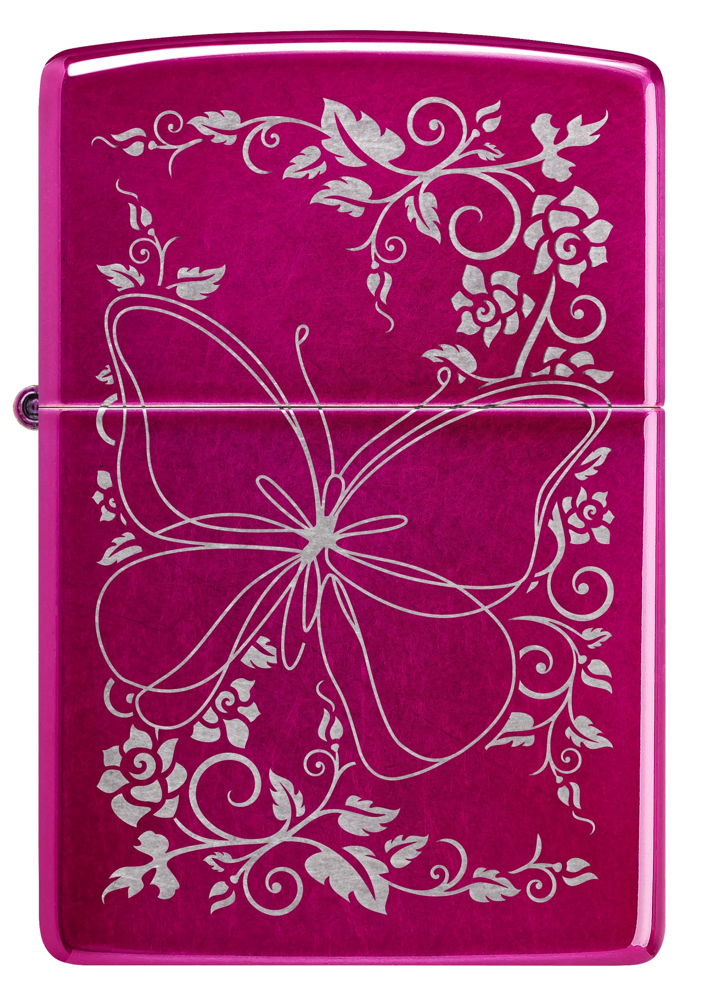 Front view of Zippo Butterfly Bliss Design Candy Raspberry Windproof Lighter.