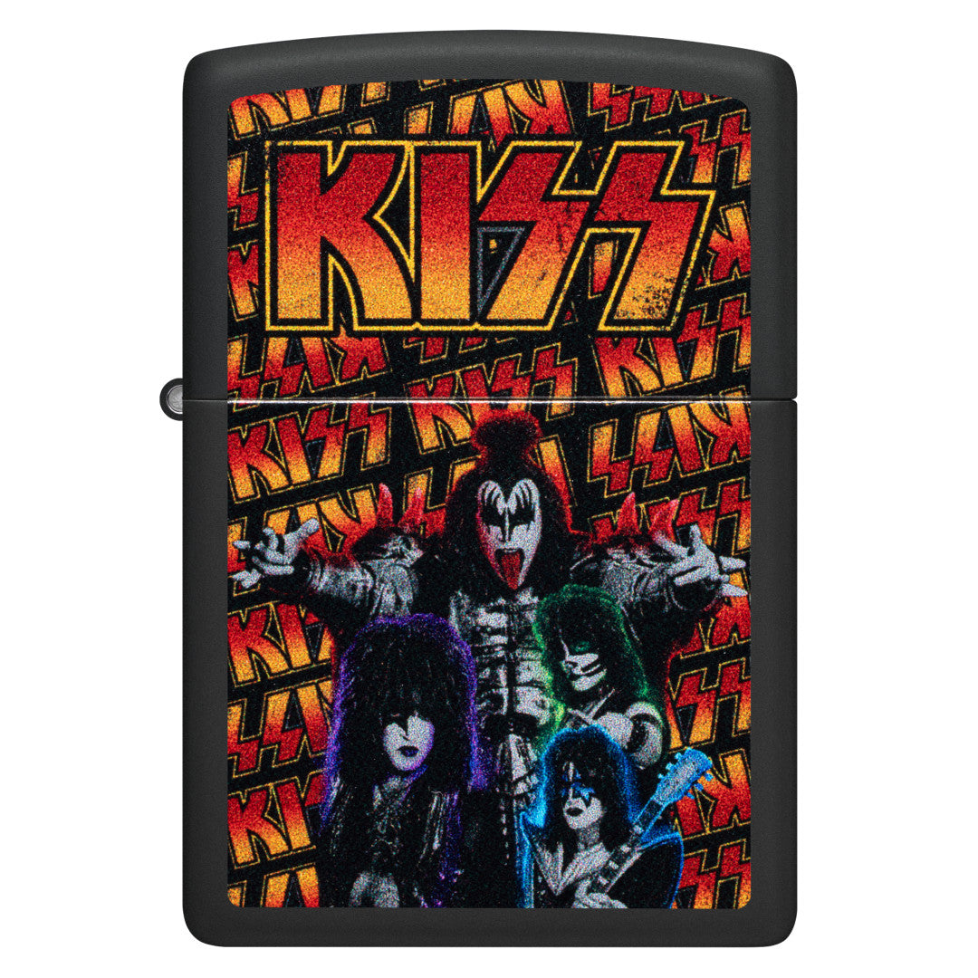 Front view of Zippo KISS® Poster Design Black Matte Windproof Lighter.