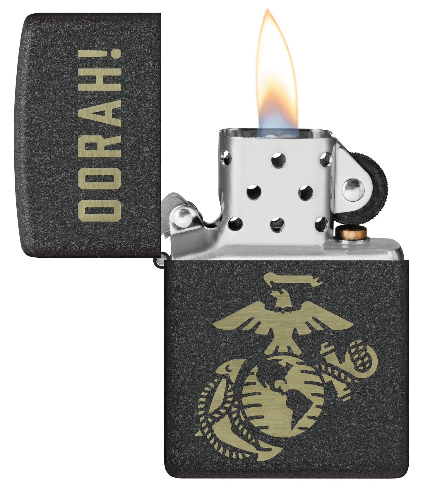Zippo U.S. Marine Corps Oorah Design Black Crackle® Windproof Lighter with its lid open and lit.