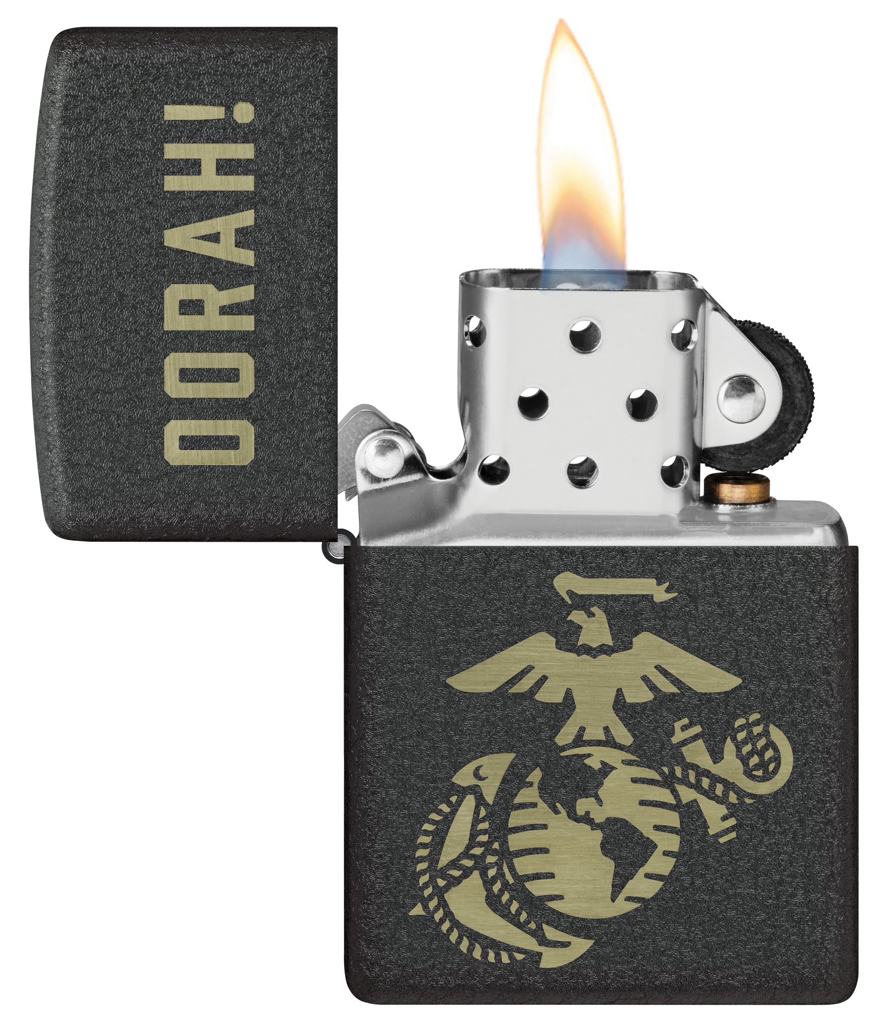 Zippo U.S. Marine Corps Oorah Design Black Crackle® Windproof Lighter with its lid open and lit.