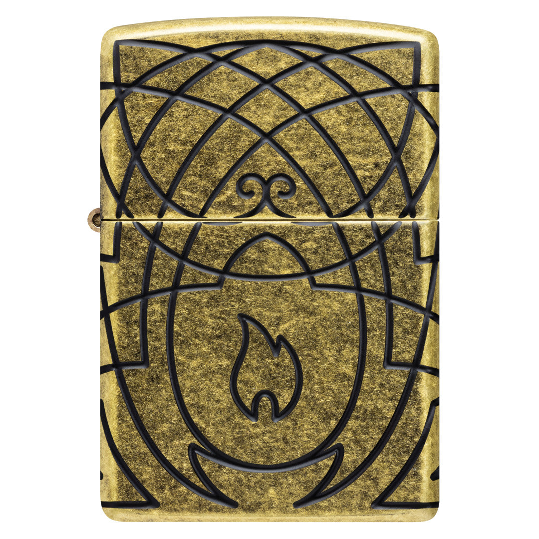 Front view of Zippo Celtic Flame Design Armor® Antique Brass Windproof Lighter.