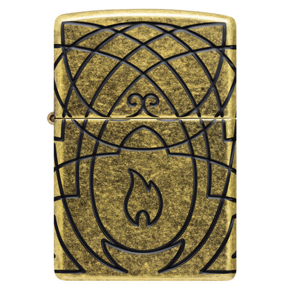 Front view of Zippo Celtic Flame Design Armor® Antique Brass Windproof Lighter.