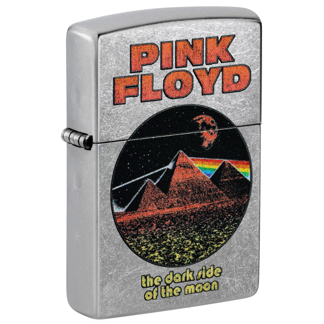 Front shot of Zippo Pink Floyd Pyramids Design Street Chrome Windproof Lighter standing at a 3/4 angle.