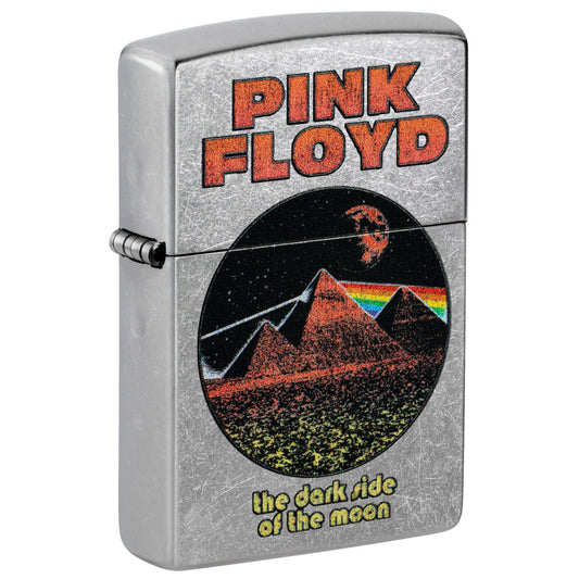Front shot of Zippo Pink Floyd Pyramids Design Street Chrome Windproof Lighter standing at a 3/4 angle.