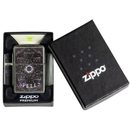 Zippo Mystic Book Design 540 Color Glow in the Dark Windproof Lighter
 in its packaging.