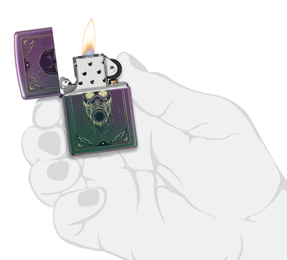 Zippo Gas Mask Design Iridescent Windproof Lighter lit in hand.