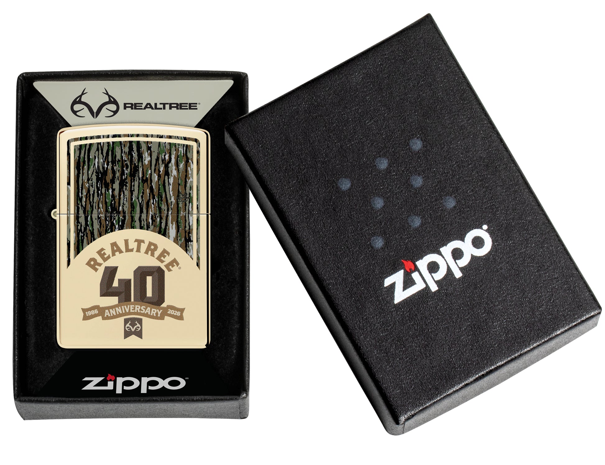 Zippo Realtree® 40th Anniversary Design Champagne Windproof Lighter in its packaging.