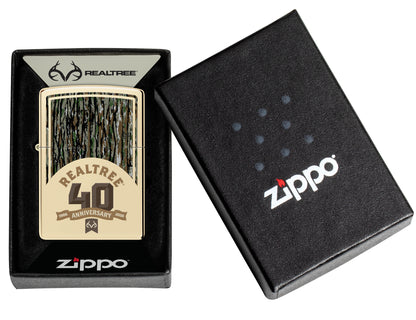 Zippo Realtree® 40th Anniversary Design Champagne Windproof Lighter in its packaging.