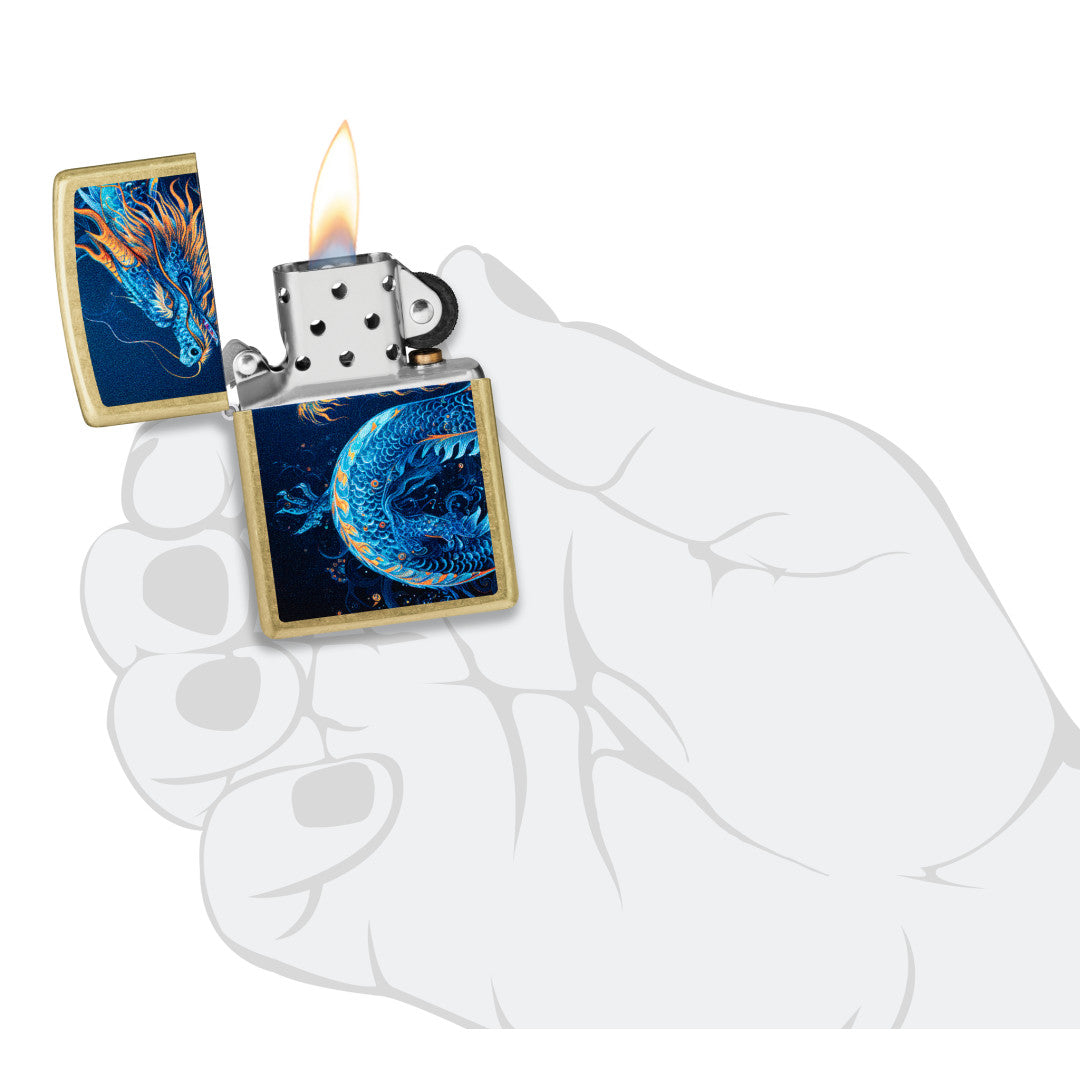 Zippo Sea Dragon Design Street Brass Windproof Lighter lit in hand.