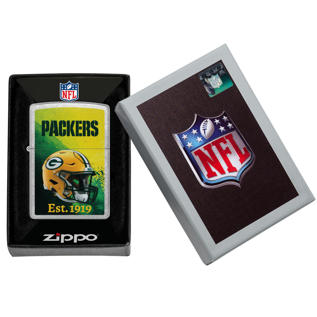 Zippo NFL Green Bay Packers Helmet Design Street Chrome Windproof Lighter in its packaging.