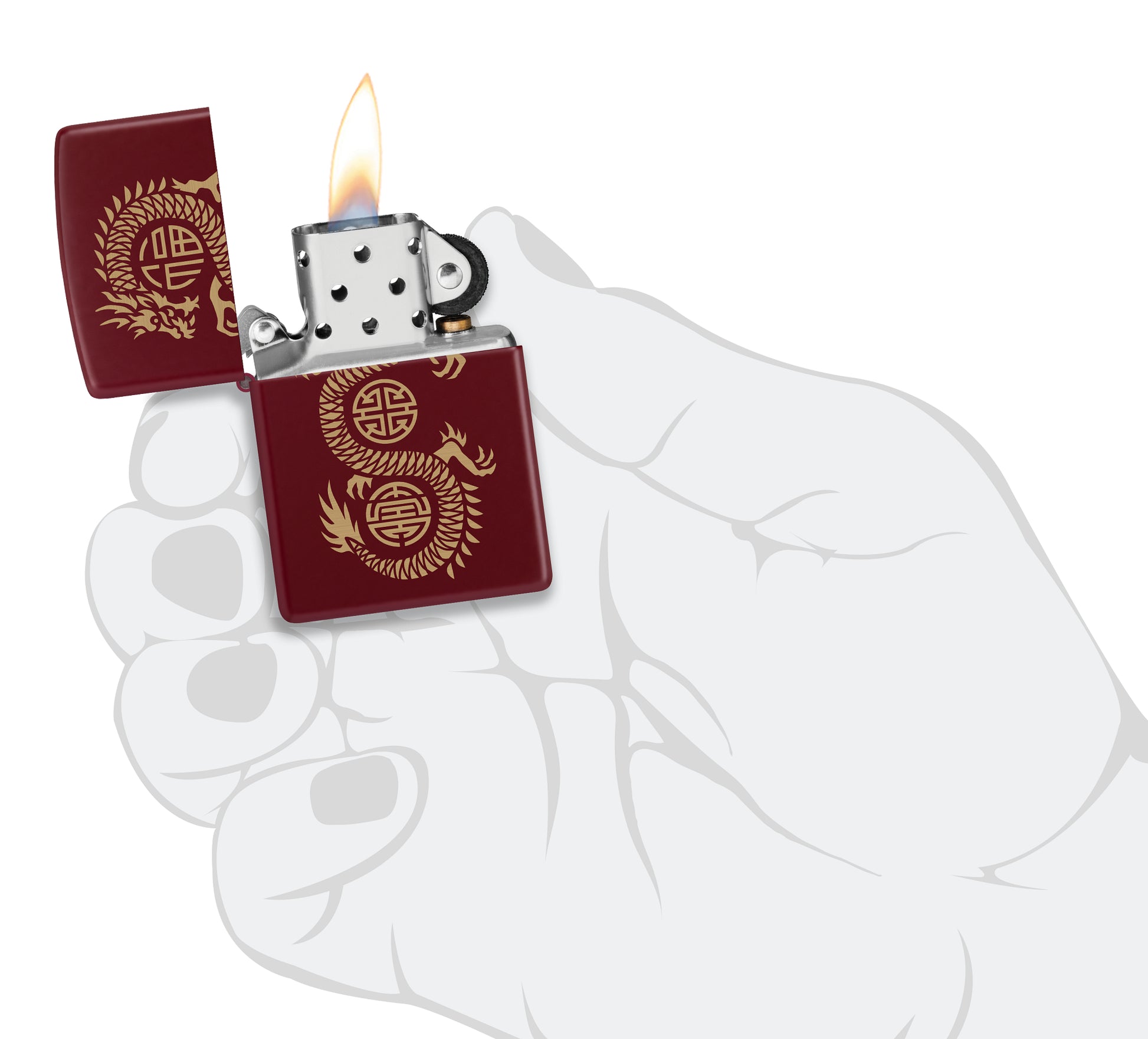 Zippo Lucky Dragon Design Merlot Windproof Lighter lit in hand.
