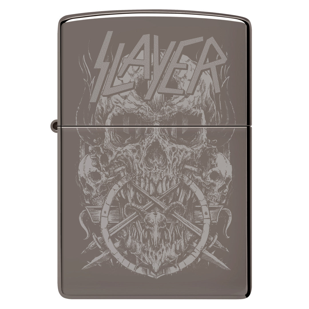 Front view of Zippo Slayer Skull Design Black Ice® Windproof Lighter.