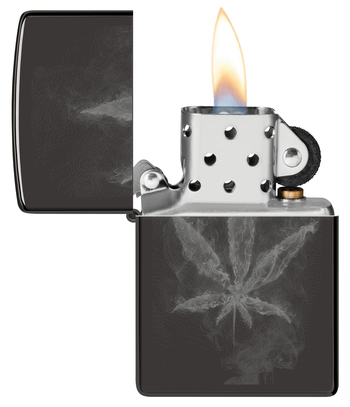 Zippo Wispy Leaf Design High Polish Black Windproof Lighter with its lid open and lit.