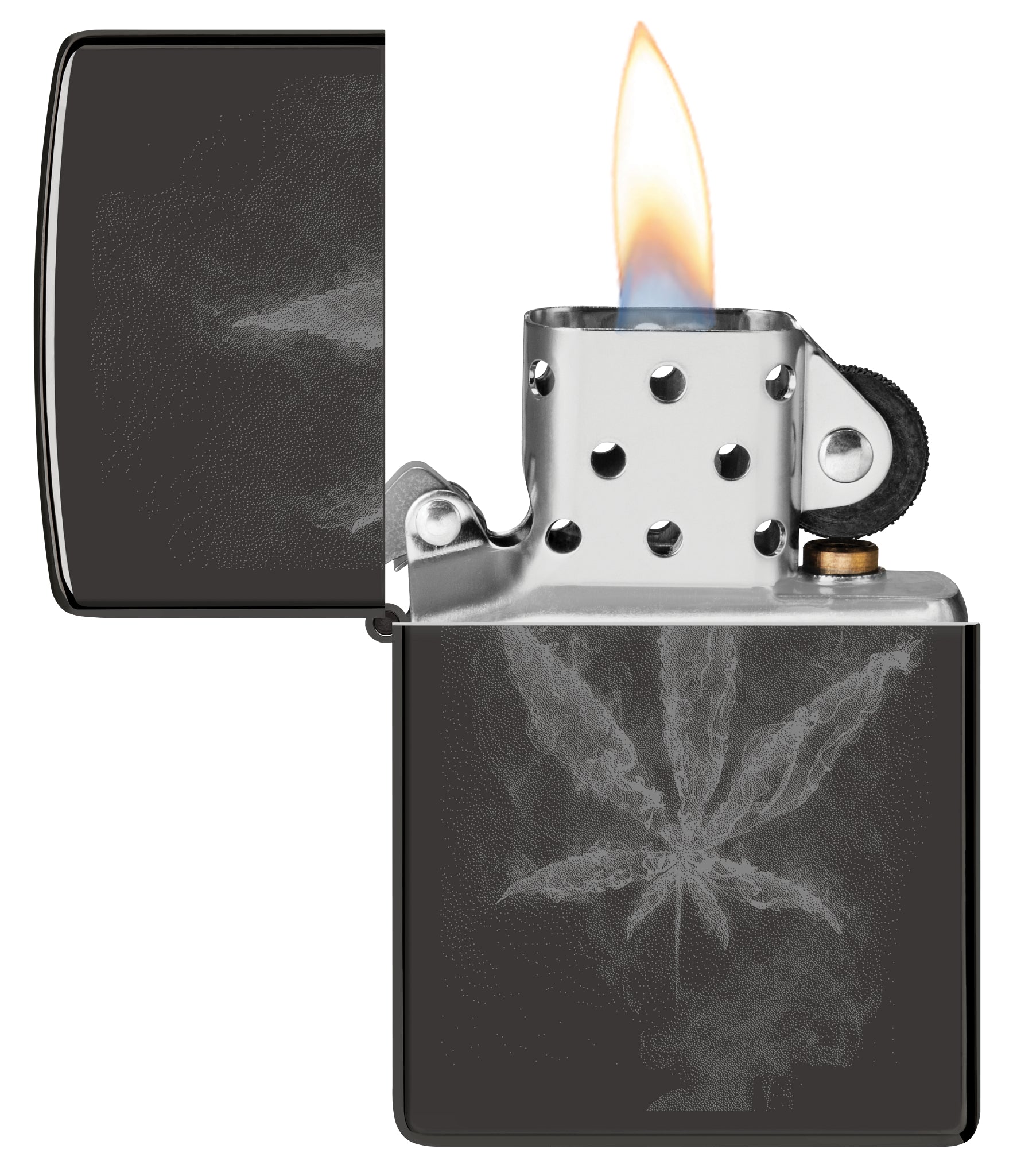 Zippo Wispy Leaf Design High Polish Black Windproof Lighter with its lid open and lit.