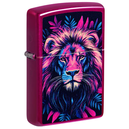 Front shot of Zippo Multicolor Lion Design Candy Raspberry Windproof Lighter standing at a 3/4 angle.