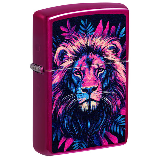 Front shot of Zippo Multicolor Lion Design Candy Raspberry Windproof Lighter standing at a 3/4 angle.